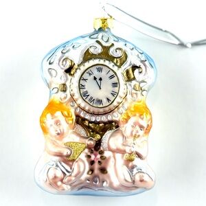 Whitehurst Vintage Blown Glass Ornate Clock Form Ornament with Cherubs